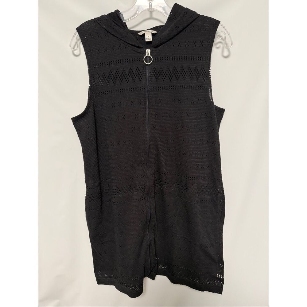 Croft & Barrow black open knit zip front hooded swim cover up size medium